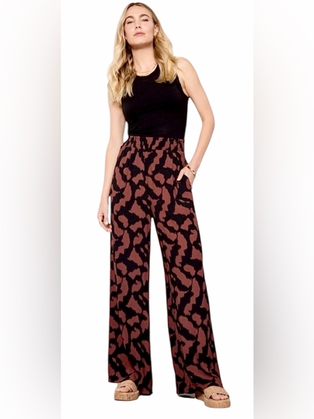NWT – Evereve – Ayla Wide Leg Pant – Black Brown Abstract Print – Sz. S